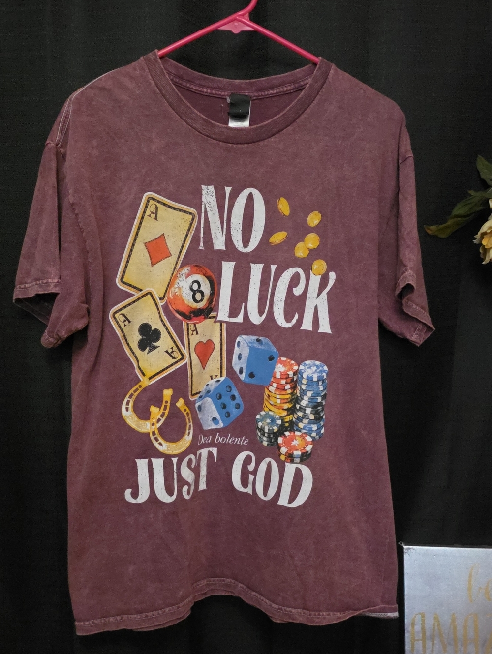 Mens SZ S/M No Luck Just God Graphic Tee - Men's Plum Acid Washed Casual Shirt